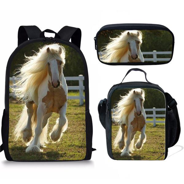 Klassisch Neuheit Lustig Cool Feuer Verrücktes Pferd 3D-Druck 3 Stück/Set Pupille Schultaschen Laptop Tagesrucksack Rucksack Lunchtasche Federmäppchen