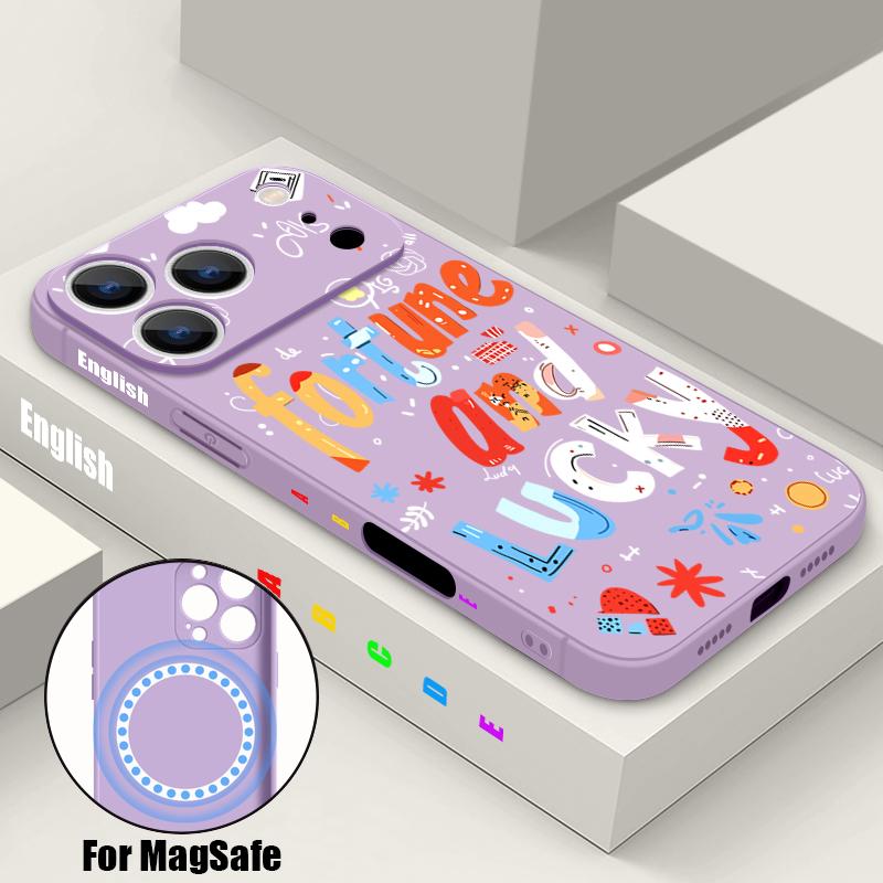 Magnetic For Magsafe Case For iPhone 17 Pro Max Colorful Lucky Letter Print Soft Silicone Phone Back Cover For iPhone 16 15 14 13 Pro Max 16e 17e