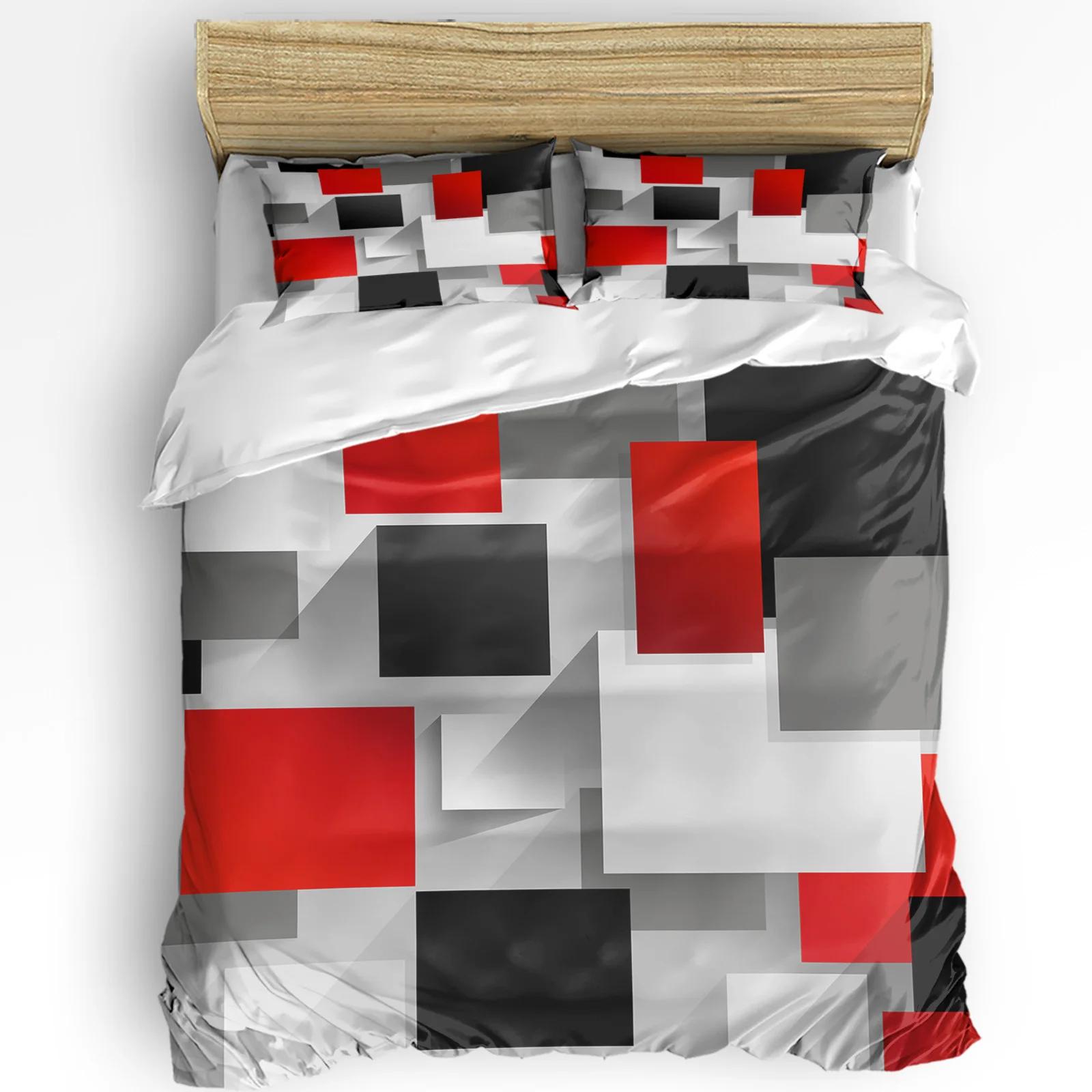 Geometrisch Rood Zwart Grijs Effen Abstract 3-delige Beddengoedset Voor Tweepersoonsbed Home Textiel Dekbedovertrek Quiltovertrek Kussensloop EU Double(200x200cm)