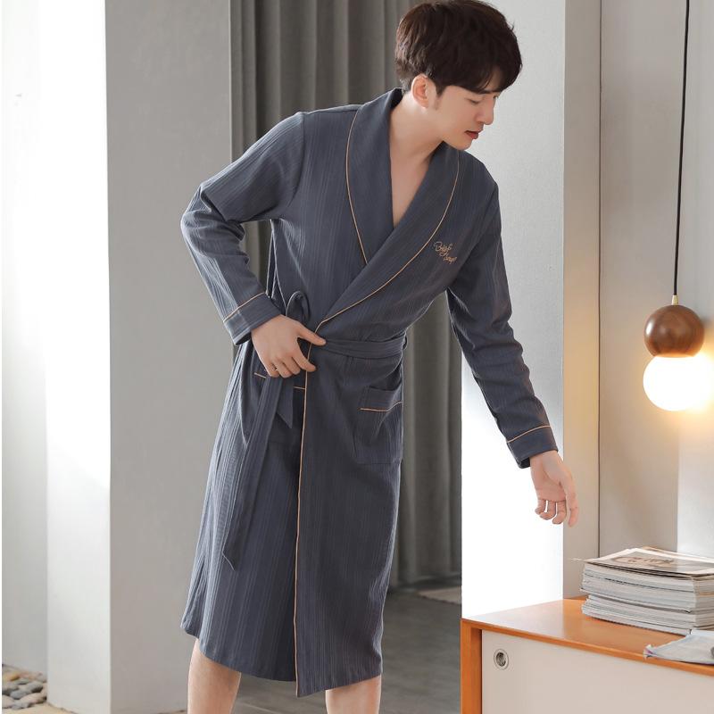 Nightgown Men'S Pajamas Men'S Bathrobes Spring And Autumn Autumn Cotton Long-Sleeved Loungewear Cotton Long-Size Bathrobe