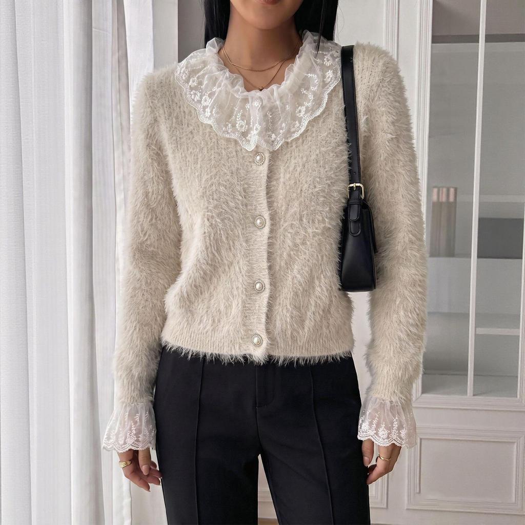 Women's Mesh Collar Knit Cardigan Sweater, Open Front Knit Jacket for Daily Wear