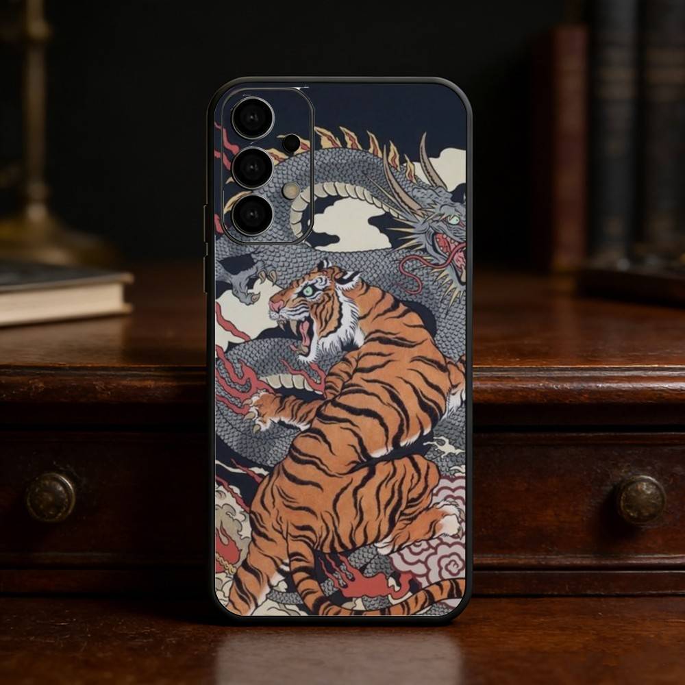 Japanese Ukiyo-e Tiger Phone Case For Samsung S25,24,23,22,30,21,10,9,Ultra,Plus,Lite Soft Black Case