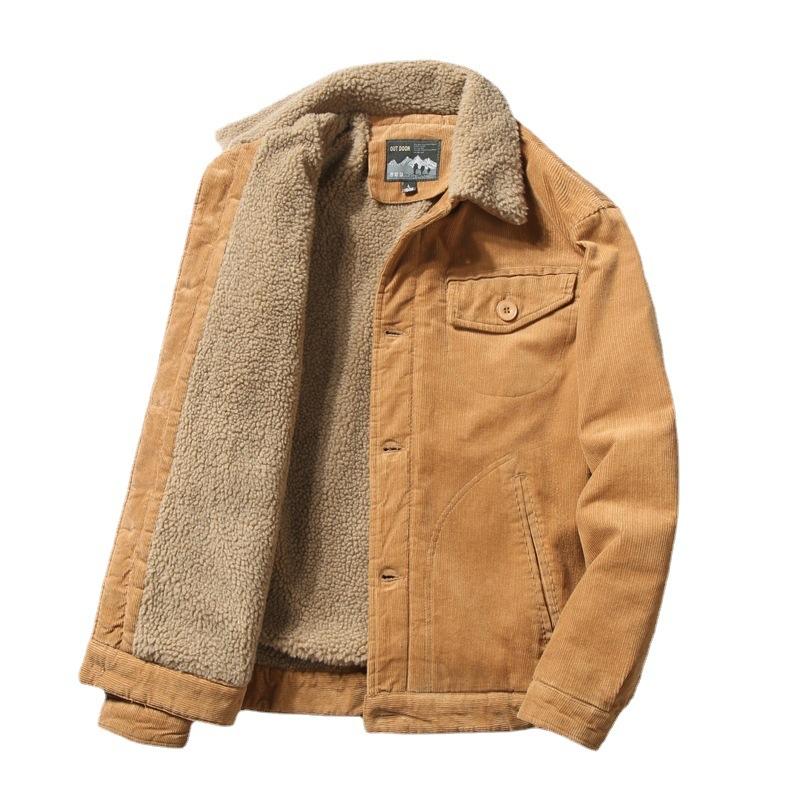 Winter Corduroy Men's Cotton-padded Jacket with Lapel and Fleece Jacket Casual Cotton-padded Jacket
