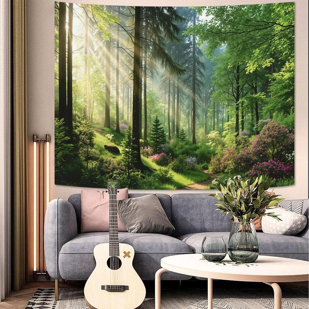 Aesthetic Sunlit Forest Path Tapestry, Lush Green Trees Blooming Flowers Nature Wall Hanging, Rustic Zen Landscape Tapestry