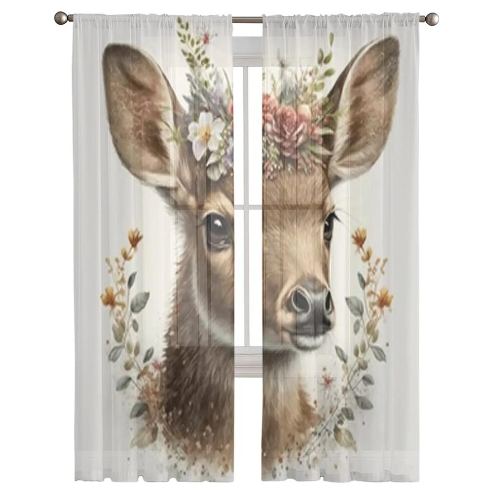 Akwarelowy Jeleń w Bukiecie Kwiatowym Przezroczyste Zasłony do Sypialni Woalowa Zasłona do Salonu Okno Przezroczyste Zasłony Kuchenne Tiulowe Draperie