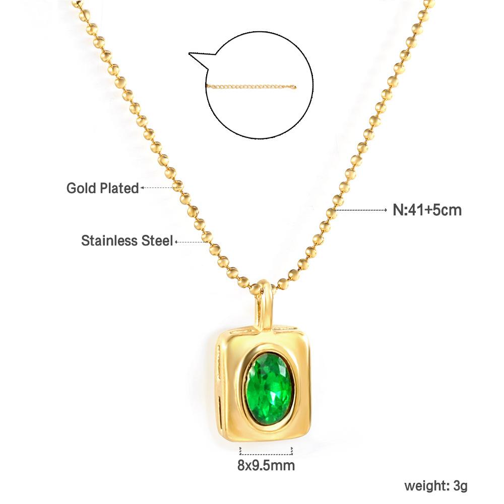 Jewelry Rectangle with Oval Green Diamond Pendant Necklace Niche Design Light Luxury Geometric Clavicle Chain Stainless Steel