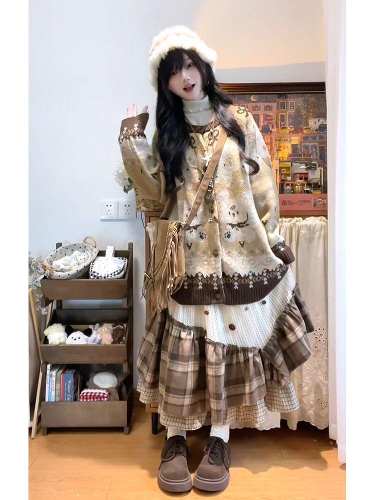 Vintage Forest-Inspired Plaid A-Line Skirt with Artistic Irregular Layers for Women - Autumn/Winter