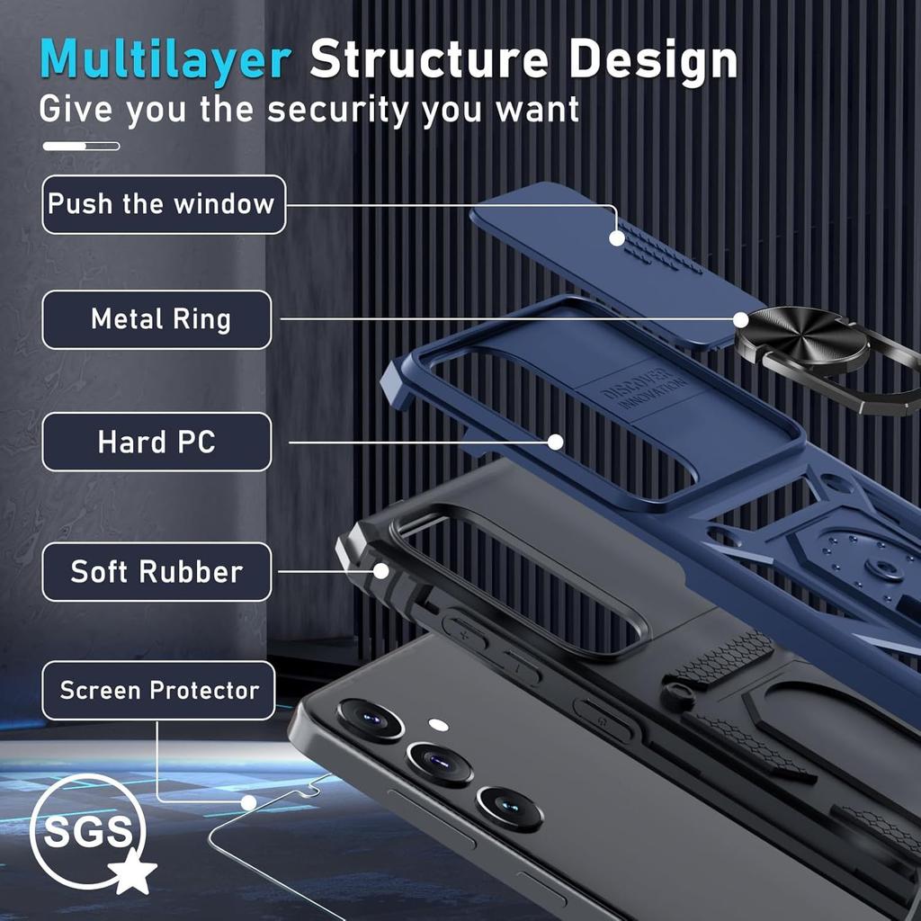 Schutzhülle für Samsung Galaxy S25 S24 Ultra S23 Plus S22 S21 S20 FE 5G mit einem Displayschutz aus gehärtetem Glas, Ring-Kickstand, Schiebekameraabdeckung