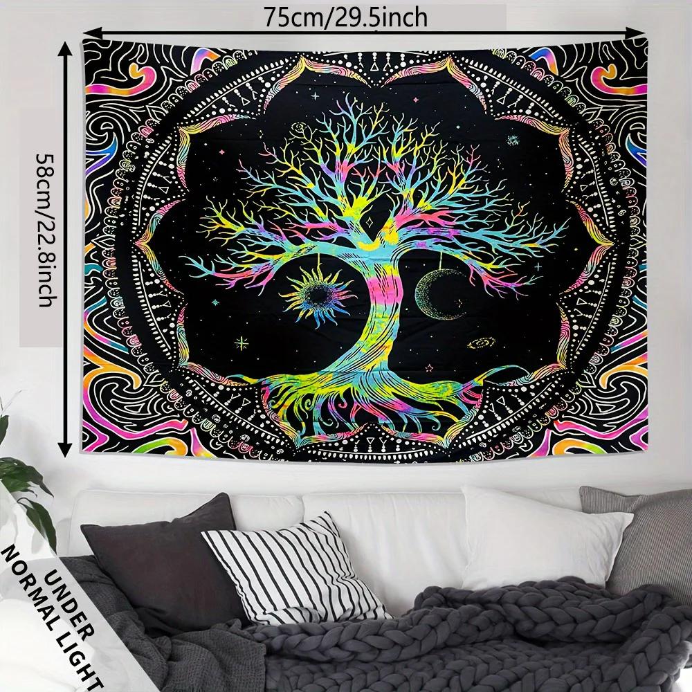 1Pcs Tree of Life Tapestry BlackLight Sun Moon Stars Galaxy Colorful Hippie Psychedelic Bedroom Dorm Decor Aesthetic