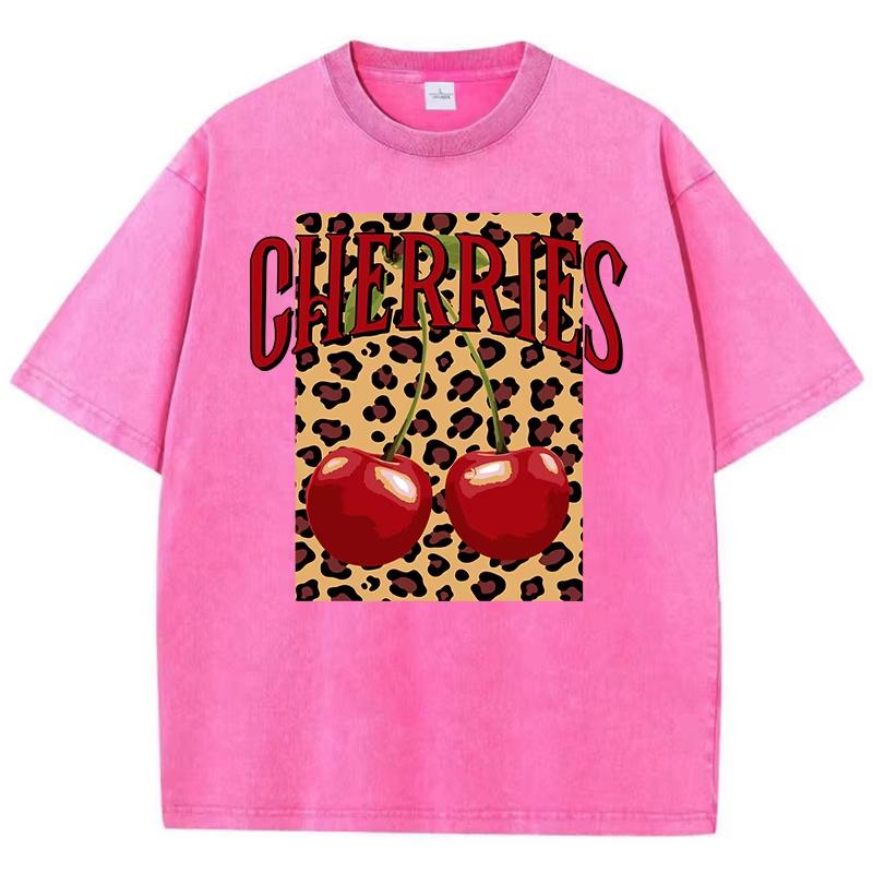 Cherry Perfection Washed T Shirt Women Cotton Leopard Prints Oversize Tops Vintage Black O-Neck T-Shirts Summer Woman Clothes
