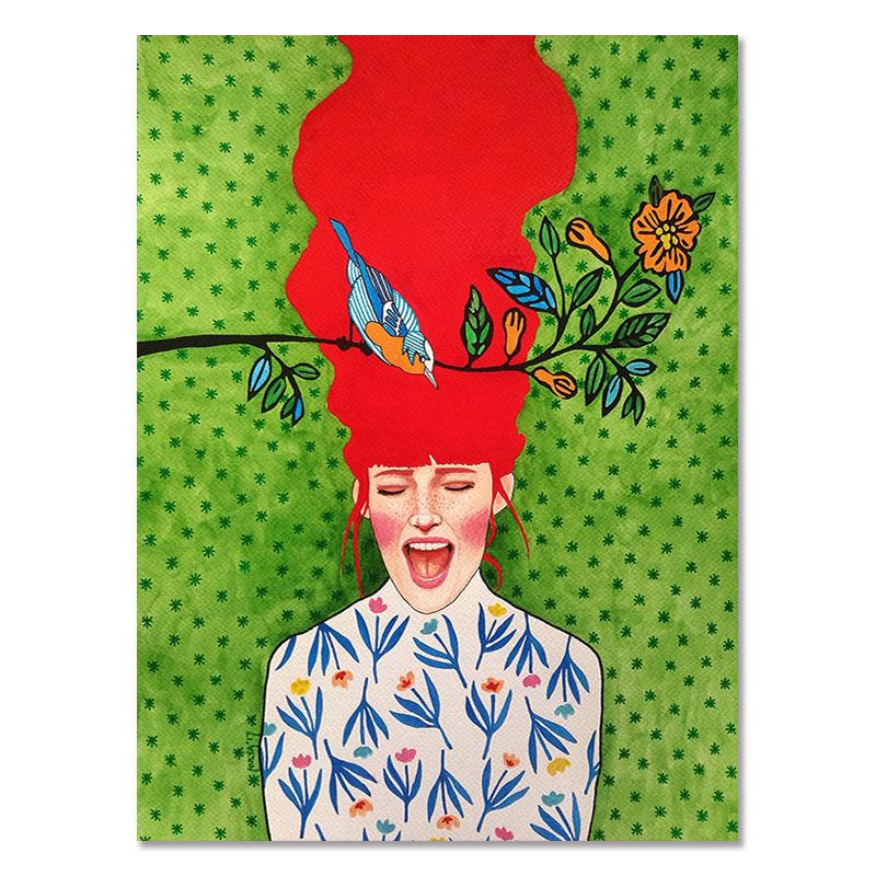 Abstract Flowers Girl Hair Wall Art Canvas Painting Bird Nordic Poster Art Prints Wall Pictures for Living Room Vintage