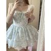 French sweet pink small flying sleeves floral dress women's summer small man waist fugitive princess fluffy short dress