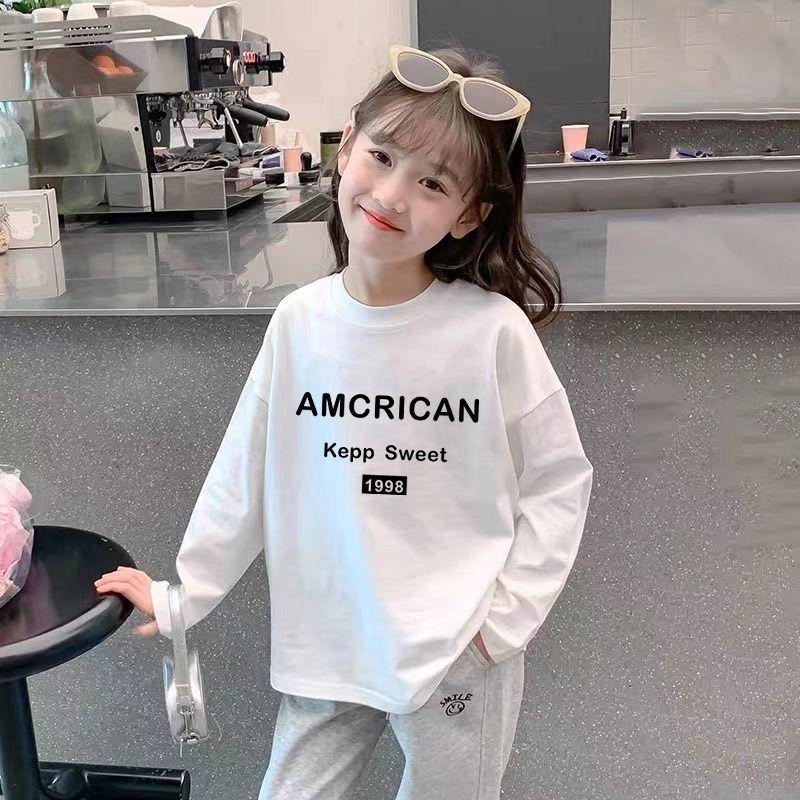 Girl's 100% Cotton Long Sleeve Breathable T-shirt - Stylish 2024 Spring/Autumn Base Layer