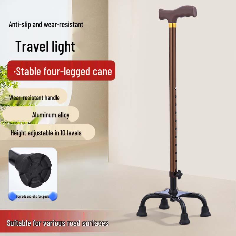 Bronze Curved Handle Aluminum Alloy Quad Cane for Seniors, Adjustable Height Non-Slip Mobility Aid