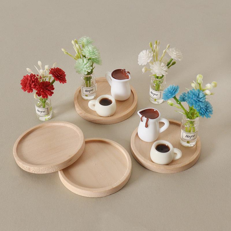 Miniature Wooden Dollhouse Tray with Coffee Cup and Vase Ornament