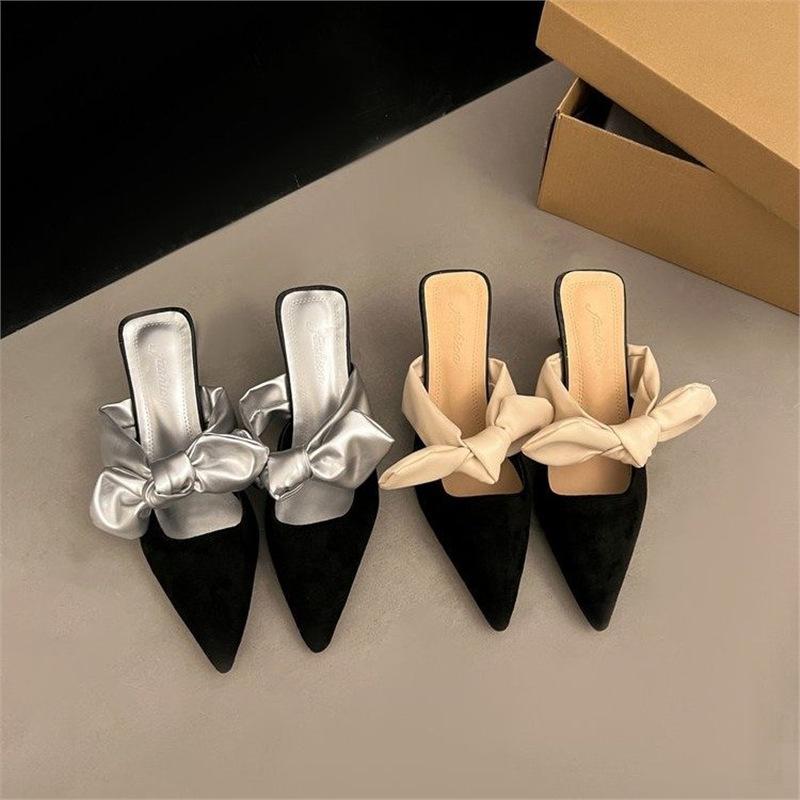 2024 Summer New Korean Version Bow Bag Head High Heel Half Drag Thin Heel Cool Slippers Foreign Trade Women's Shoes Silver Microfiber