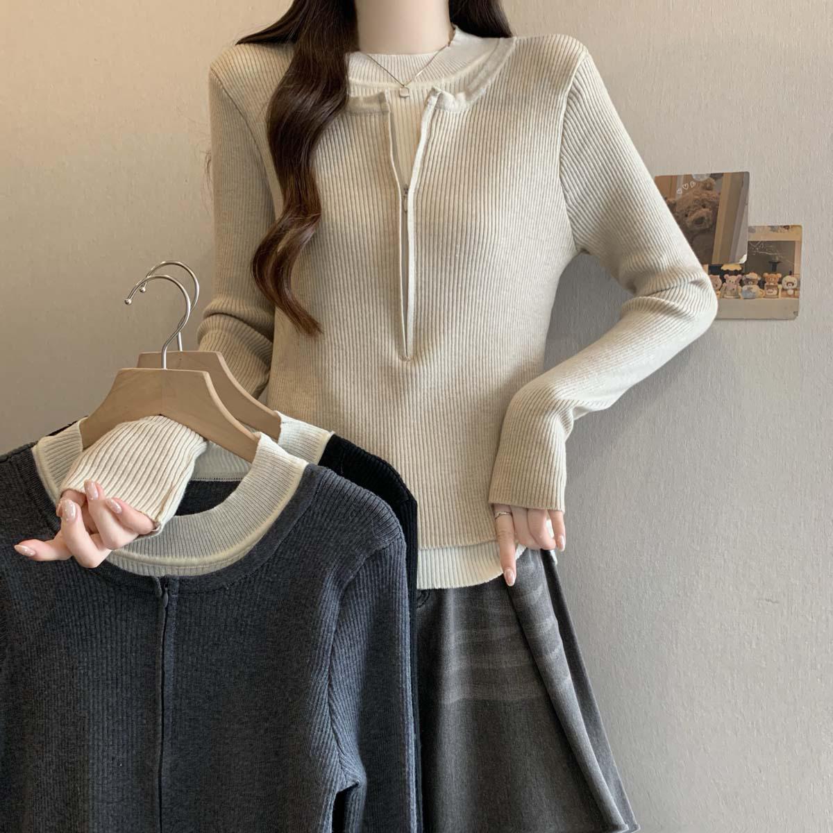 

2026 Spring/Autumn Plus Size Versatile Knitwear: Fake Two-Piece Round Neck Zipper Slimming Sweater 3XL