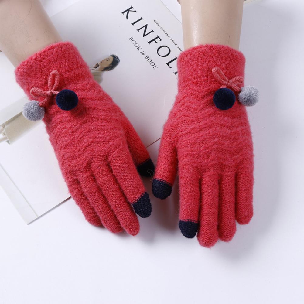 Women Knit Gloves with Cute Plush Ball Warm Hands Keeper Lady Touch Screen Gloves