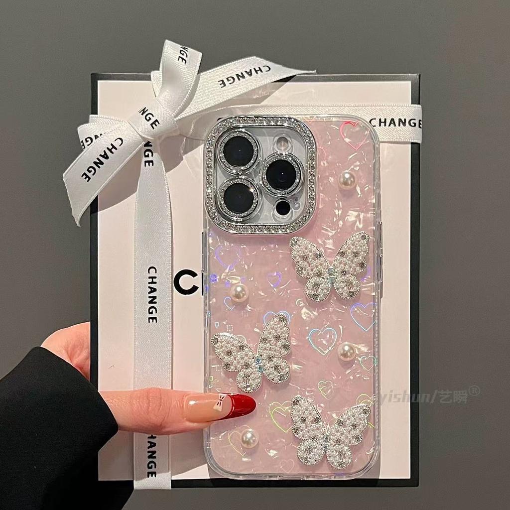 Applicable to Apple 17ProMax rhinestone pearl butterfly mobile phone case iPhone15 shell pattern 14 laser anti-drop cover