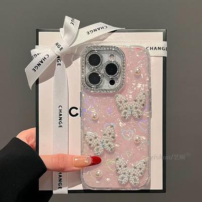 Applicable To Apple 17ProMax Rhinestone Pearl Butterfly Mobile Phone Case iPhone15 Shell Pattern 14 Laser Anti-drop Cover