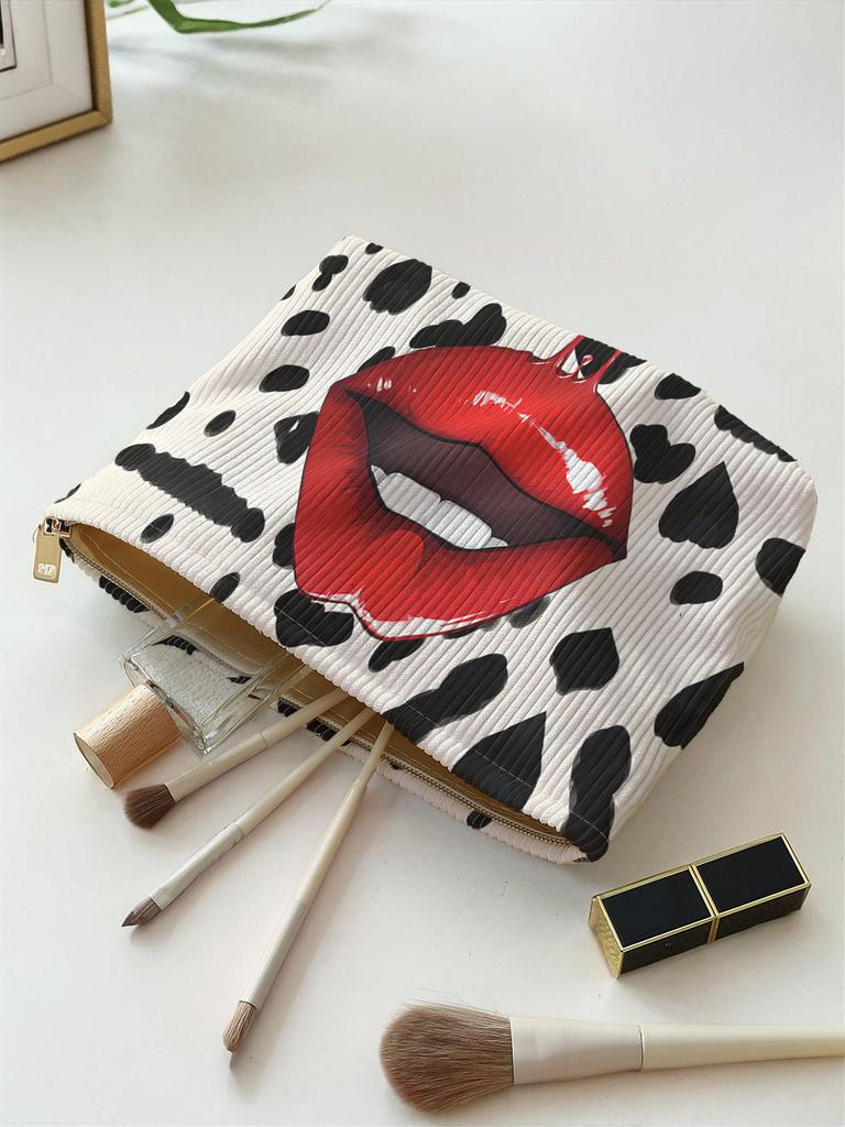 1pc, Sexy Lip Pattern Printed Corduroy Zipper Makeup Bag, Lightweight and Multifunctional Cosmetic Storage Bag