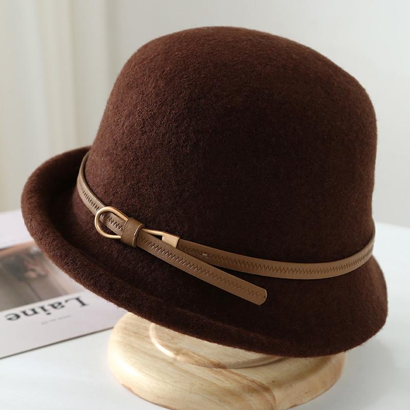 Autumn and winter new temperament elegant middle-aged and elderly bucket hat turned brim wool leather buckle basin hat fashionable and simple mother h