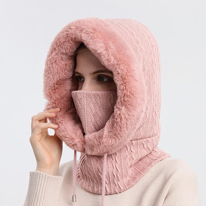 Winter Fur Cap Mask Set Hooded For Women Knitted Cashmere Neck Warm Russia Outdoor Ski Windproof Hat Thick Plush Fluffy Beanies