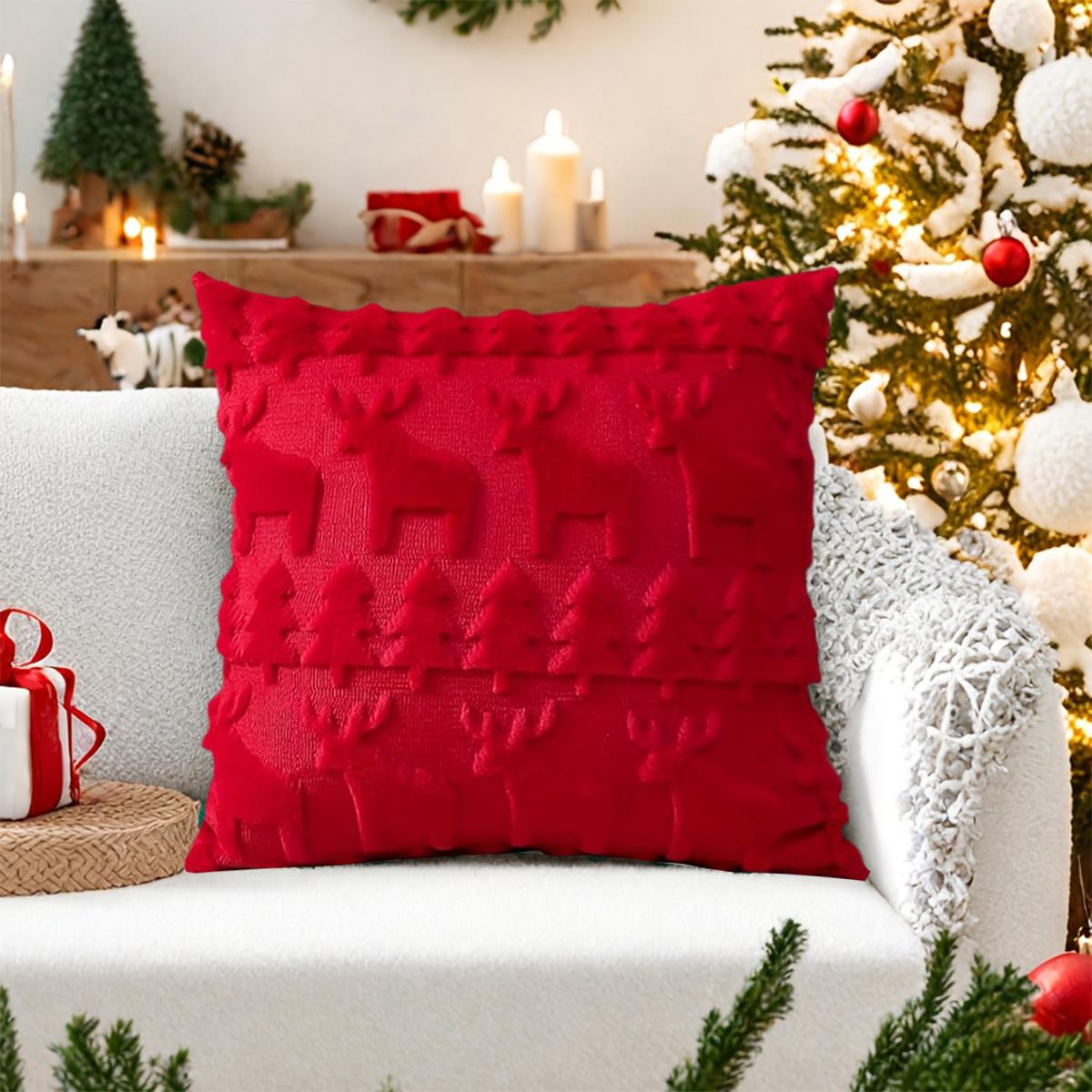 1pc imitation reindeer Christmas tree jacquard pillow cover, 3D soft plush reindeer Christmas tree cushion cover 45x45cm