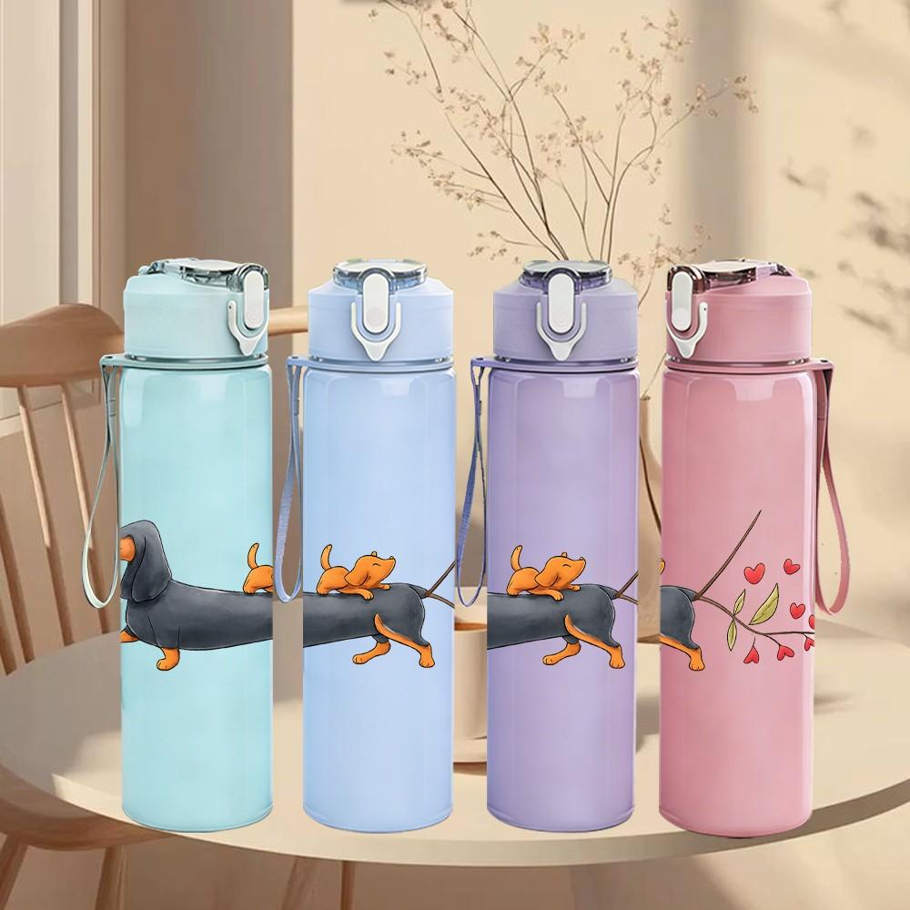 1PC Flower Dachshund Puppy 750ml Color Plastic Sports Water Bottle Leakproof Flip Straw Lid Suitable for Sports Office Home Use