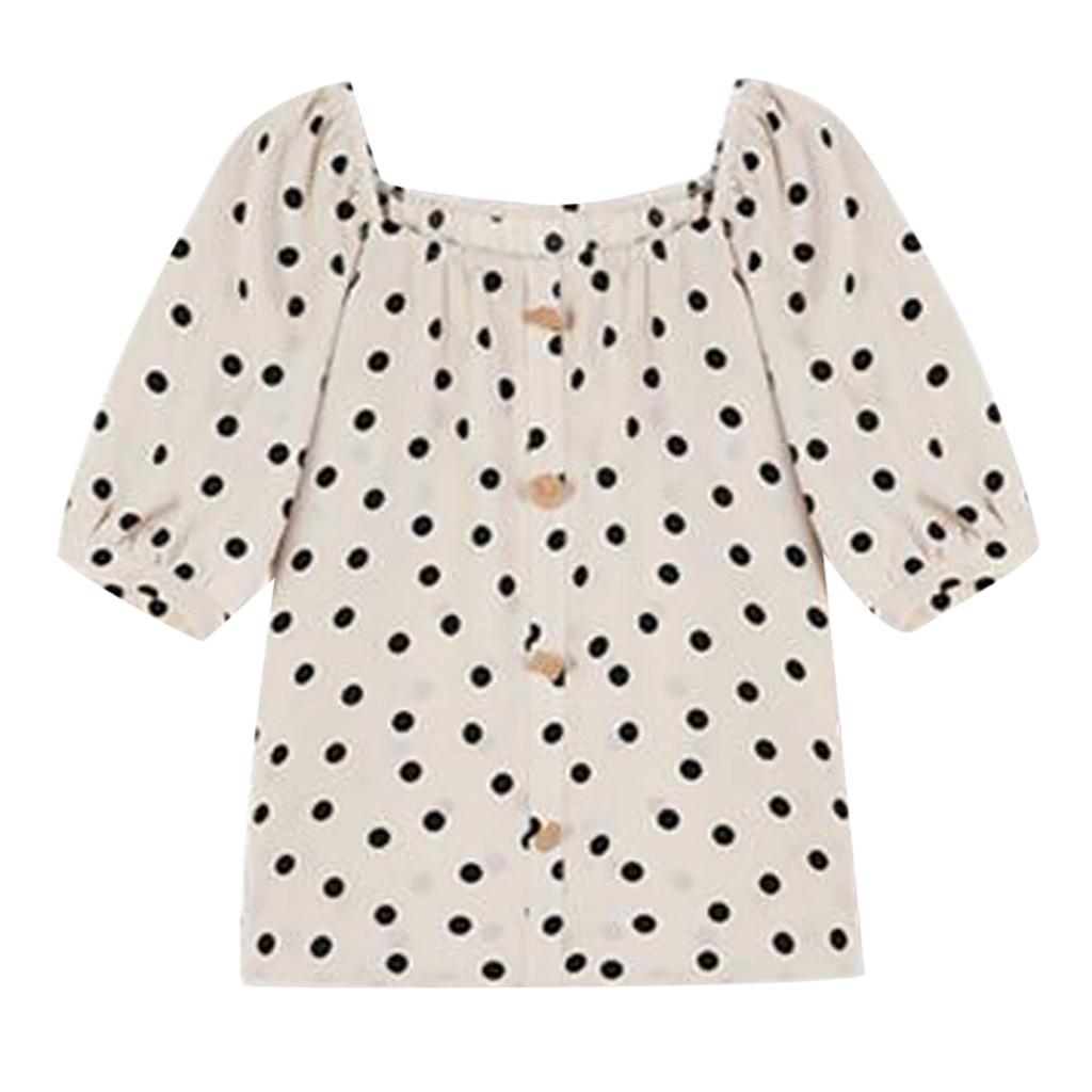 Moda Donna Top a Maniche Corte Sbuffo Pois Scollo Quadrato Camicie da Donna