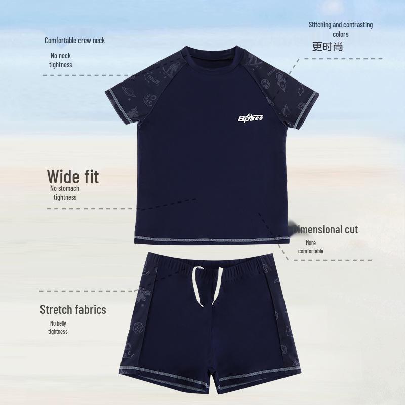 Boys' Plus-Size Two-Piece Polyester Competition Swimsuit with Cap