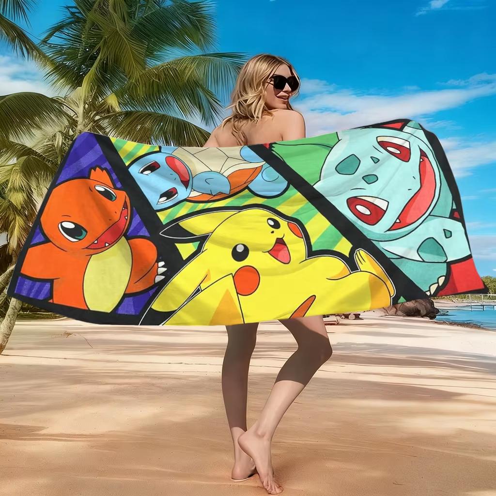 Retro Pokemon Starters Beach Towel, Microfiber Quick Dry Breathable Large Size,Poolside Vacation Bathroom, Pikachu Print Towel