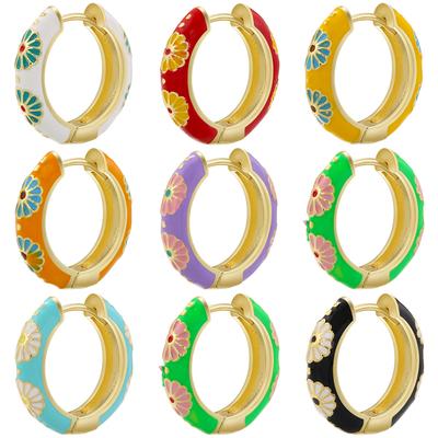 ZHUKOU Retro Little Daisy Hoop Earrings Gold Enamel Hoops Women Colorful Women Round Huggie Earrings VE843