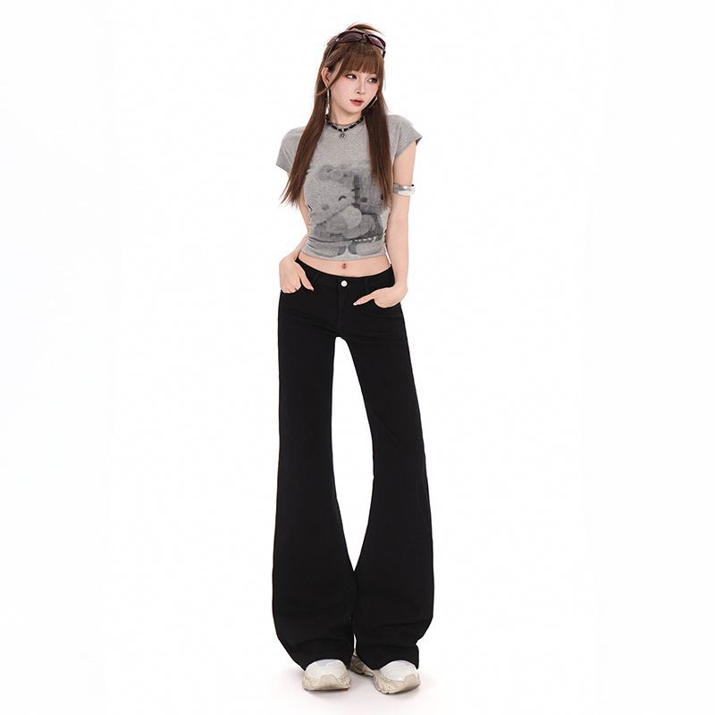 Elegantes Pantalones Vaqueros Negros de Tiro Bajo Elásticos Ajustados Micro Acampanados Estilo Y2K para Damas Primavera Verano Pantalones Casuales Pantalones Vaqueros Oversize