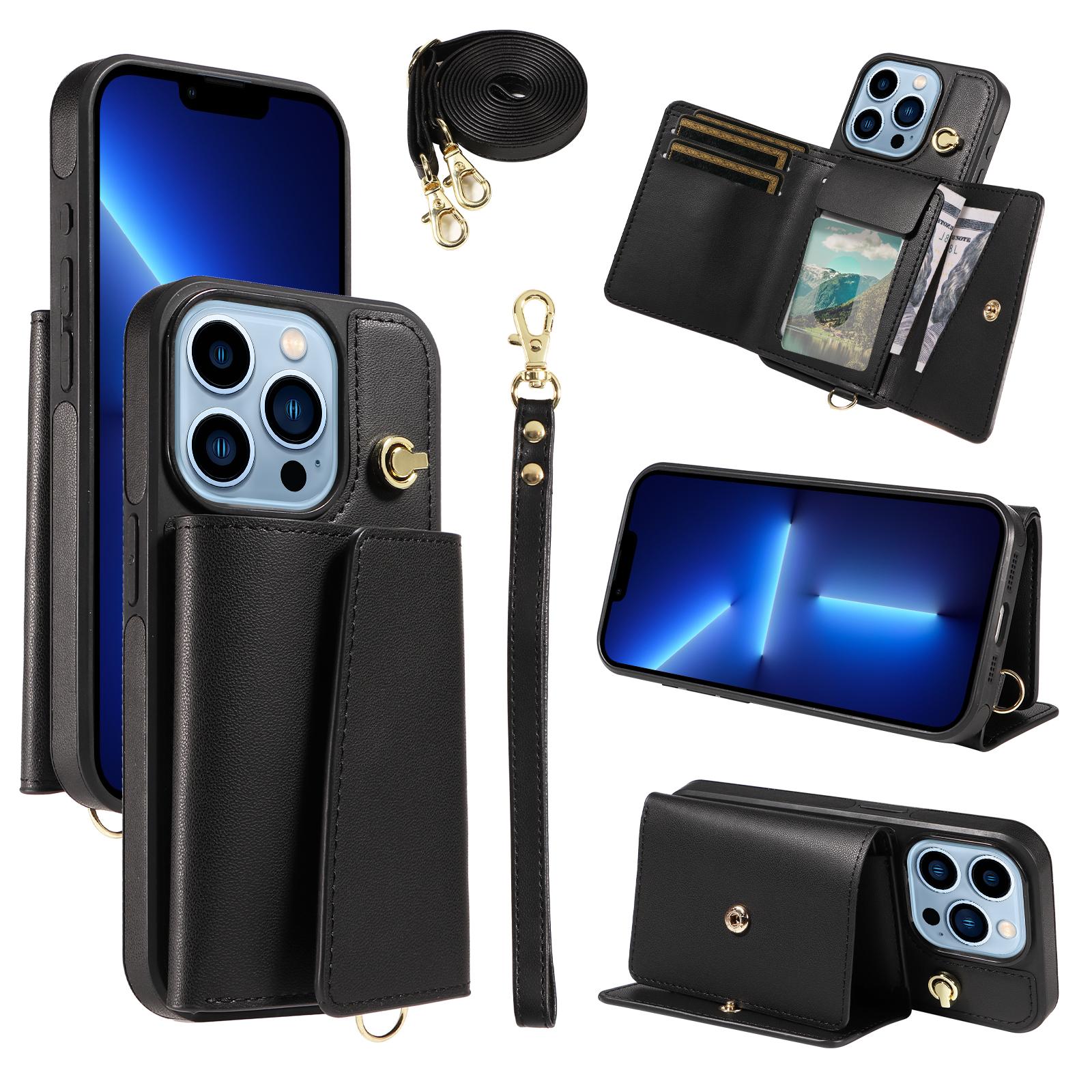 

For iPhone 13 Pro Max Crossbody Phone Case Card Holder Kickstand Leather Coated TPU Mobile Cover Black