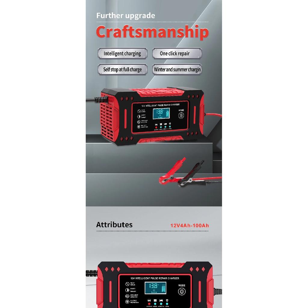6A 12V Intelligent Car Battery Charger Car and Motorcycle Battery Charging Unit Lead-Acid Battery Repair LCD Display