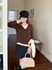 Women's V-Neck Wool Sweater: Color Block, Faux Two-Piece, Long Sleeve Knitwear