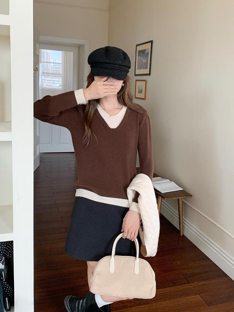 Women's V-Neck Wool Sweater: Color Block, Faux Two-Piece, Long Sleeve Knitwear