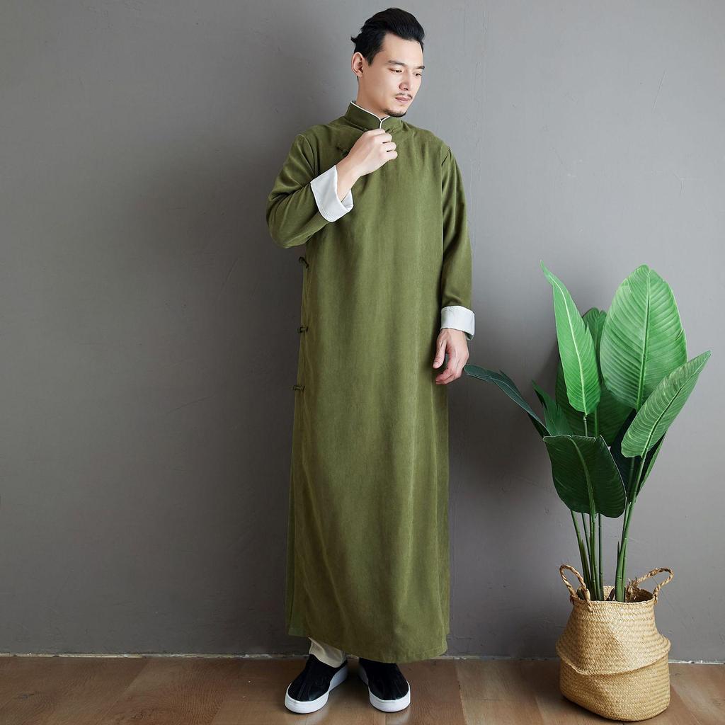 Ma Fan Men's Chinese Tang Suit Satin Long Robe: Snowflake Pattern, Stand-Up Collar, Roll-Up Sleeves, Solid Color