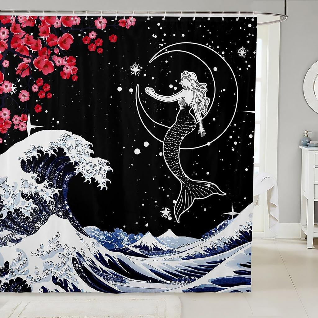 Little Cat Shower Curtain Cute Kitten Shower Curtain Set Galaxy Starry Sky Bath Curtain Universe Planet Purple Nebula Cosmic
