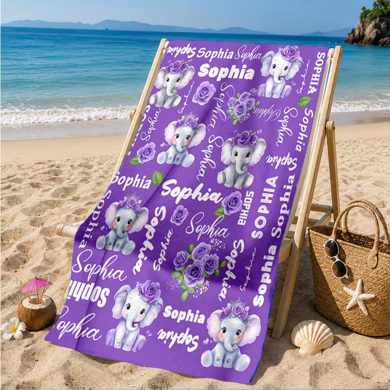 Custom Name Purple Elephant Beach Towel Microfiber Beach Towel, Lightweight and Quick-Dry, for Summer Travel, Swimming Pool Gift