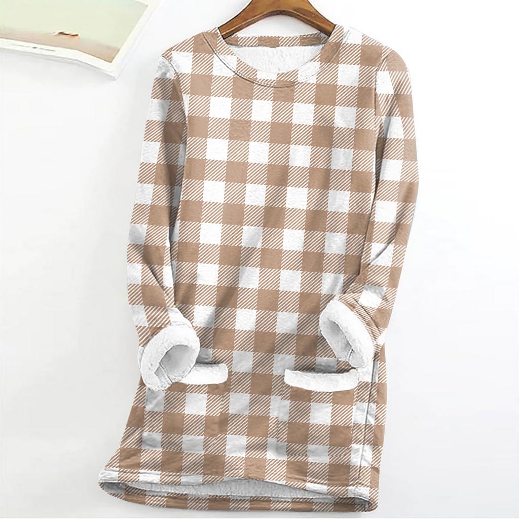 Women's Fashion Plaid Print Round Neck Long Sleeve Plush Winter Warm Pullover Top