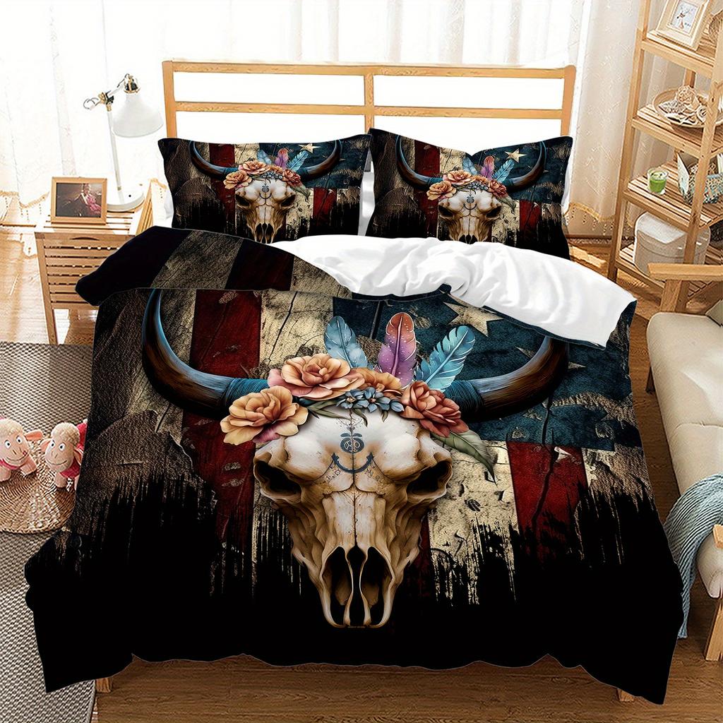 3pcs Floral Cow Skull American Flag Bedding Duvet Cover Set Bohemian Cow Skull Bedding Quilt Set Bohemian Themed Bed Quilt Set