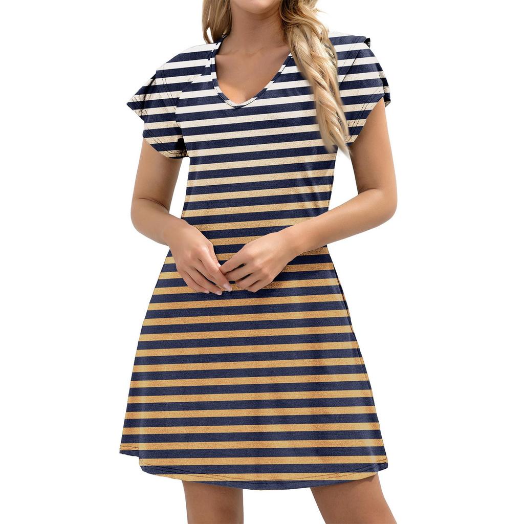 Women's Casual V-Neck A-Line Dress With Short Ruffled Edge Cuff Pocket Dress Cuff Pocket Dress