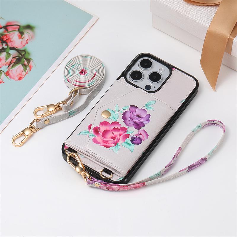 Flower Crossbody Card Holder Case with Lanyard for iPhone 13, 14, 16, 17 Pro