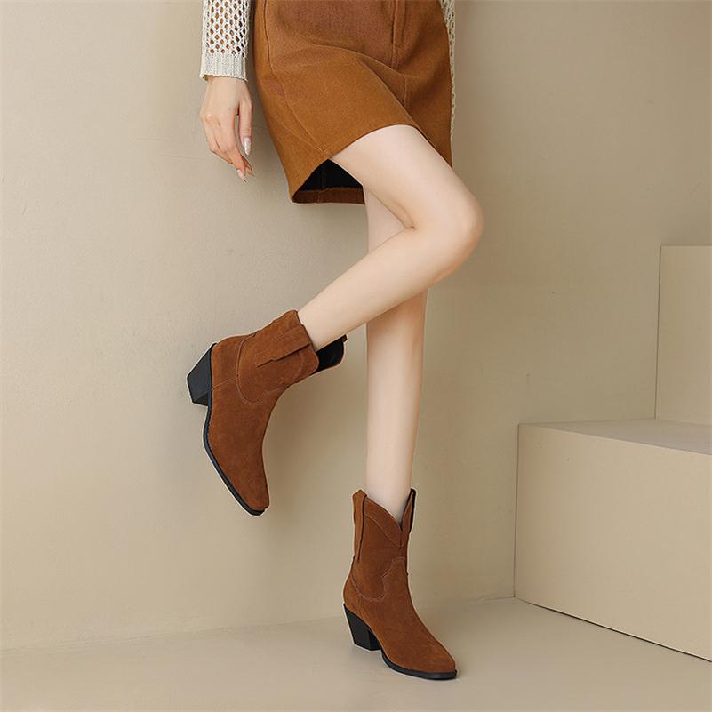 FOREADA Women Ankle Cowgirl Boots Square Toe Thick High Heels Western Boots Concise Cowboy Short Boots Ladies Fashion Shoes Autumn Winter