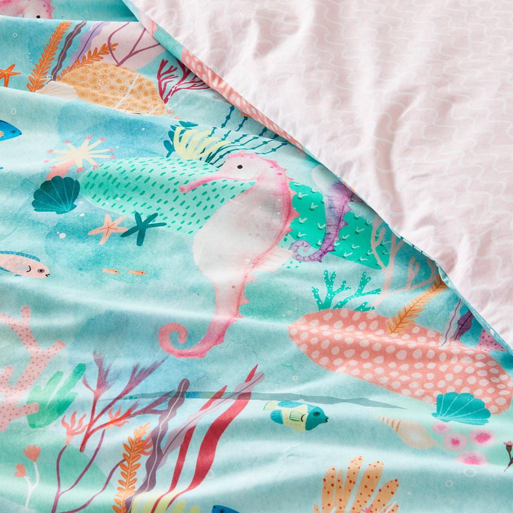 Eahphy 100% Algodón Natural Ama Nuestro Mar Juego de Funda Nórdica Reversible, Ropa de Cama Caballo de Mar Juego Individual y Queen, Juego de Funda de Colcha para Niñas