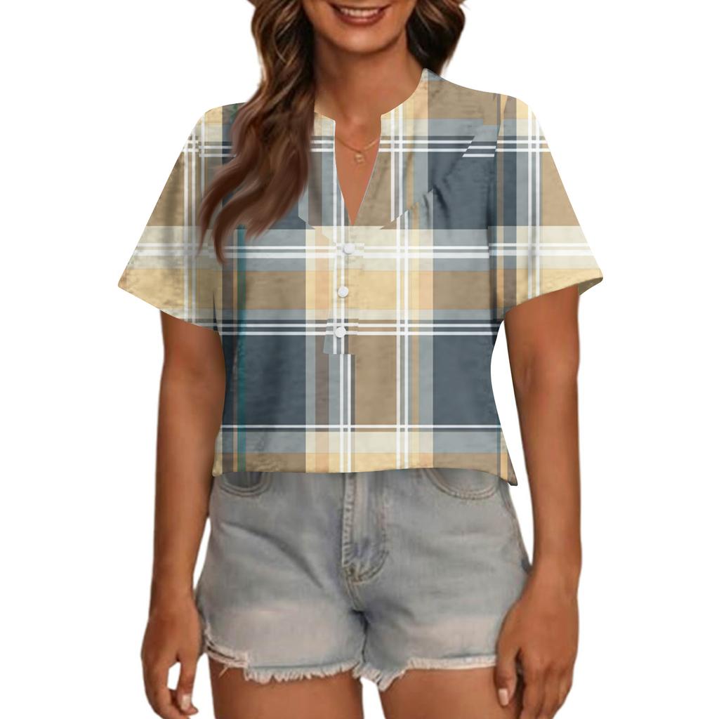 Women's Fashionable Casual V Neck Button Up Oversized Short Sleeve Printed Top