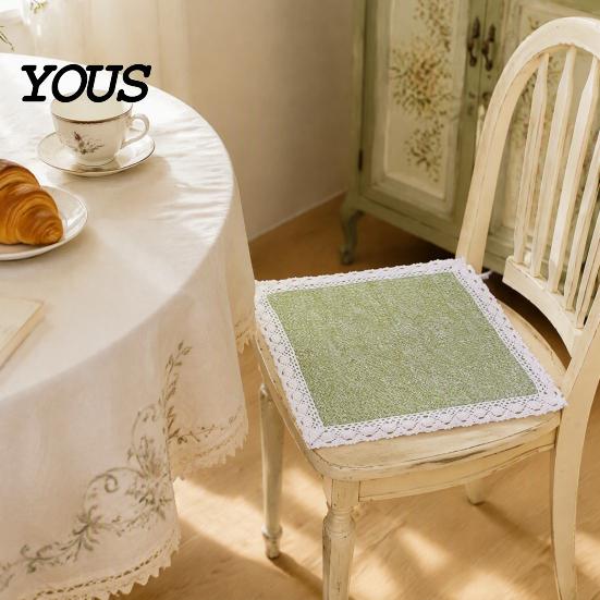 Breathable Office Chair Mat Cotton Linen Pad with Ties, Square Summer Seat Lace Decorative Trim, 15.75" x Washable for Dining Rattan