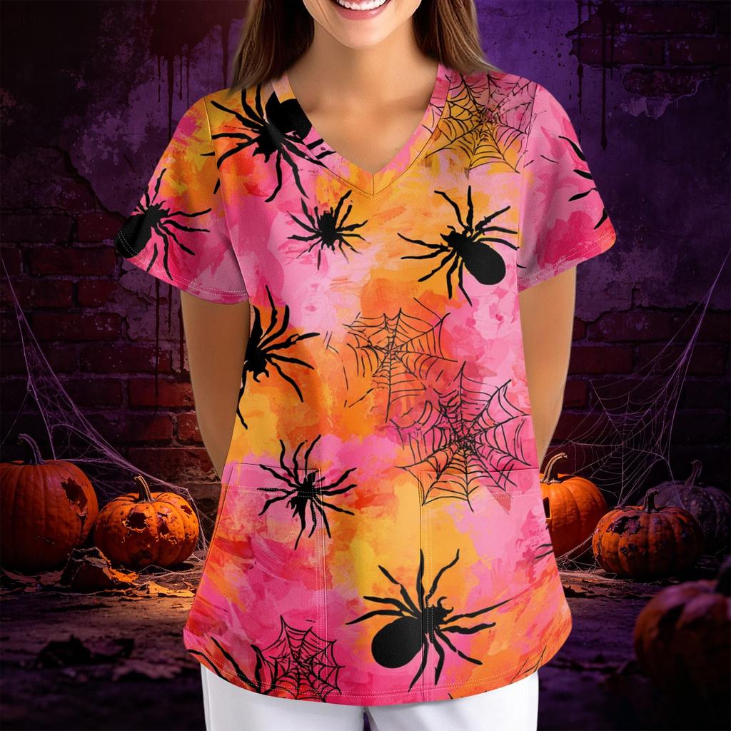 Women Halloween Print Loose Fit V Neck Short Sleeve Medical Scrub Top with Pockets Casual Workwear Uniform for Healthcare Professionals